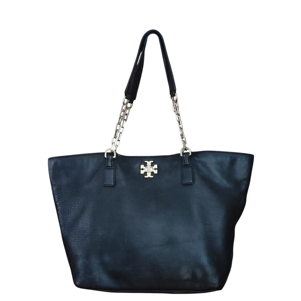 Tory Burch Britten Black Pebbled Leather Tote Bag Gold‎ Chain Shoulder Bag Large
